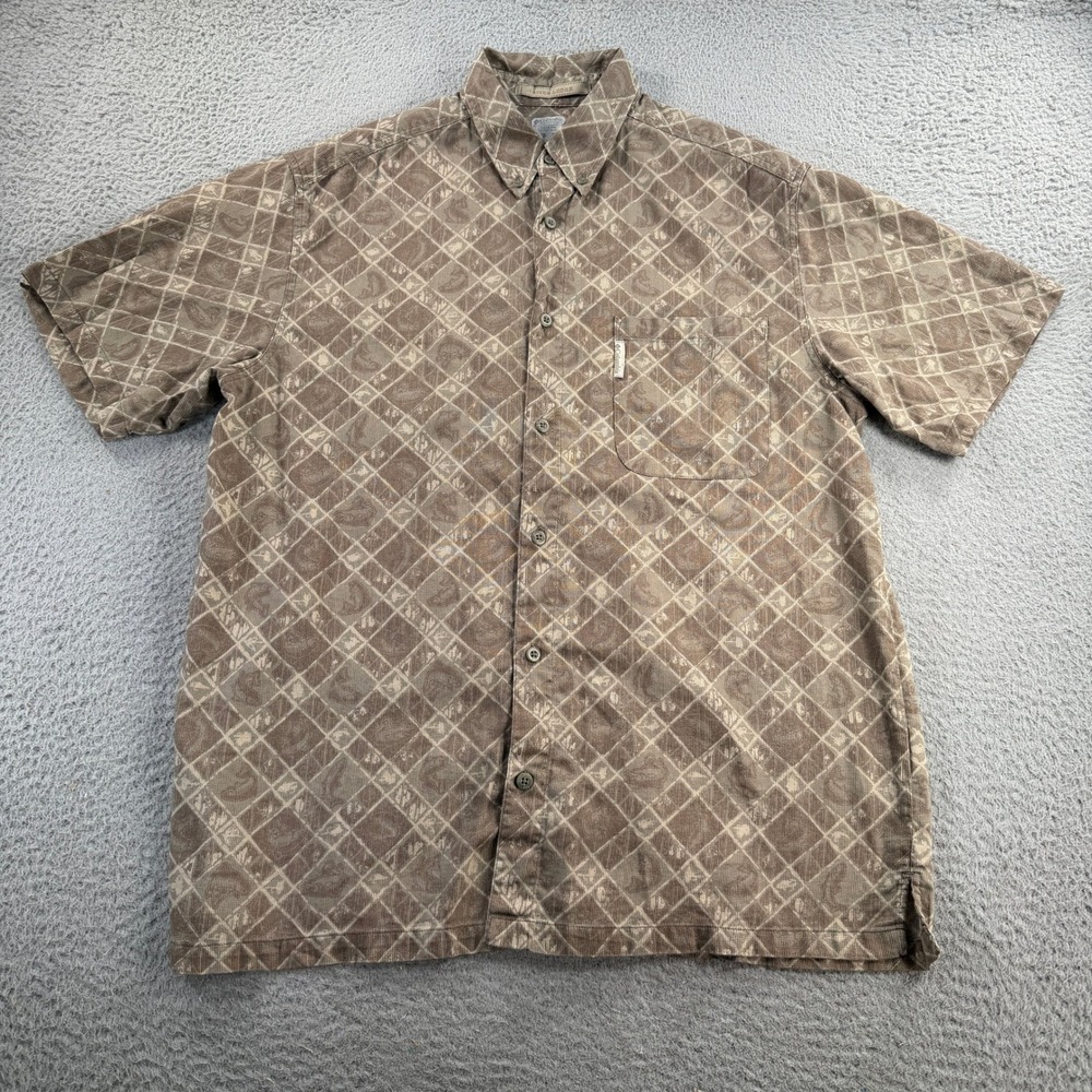 Columbia River Lodge Shirt Mens Large Brown Fishing AOP Trout Short Sleeve